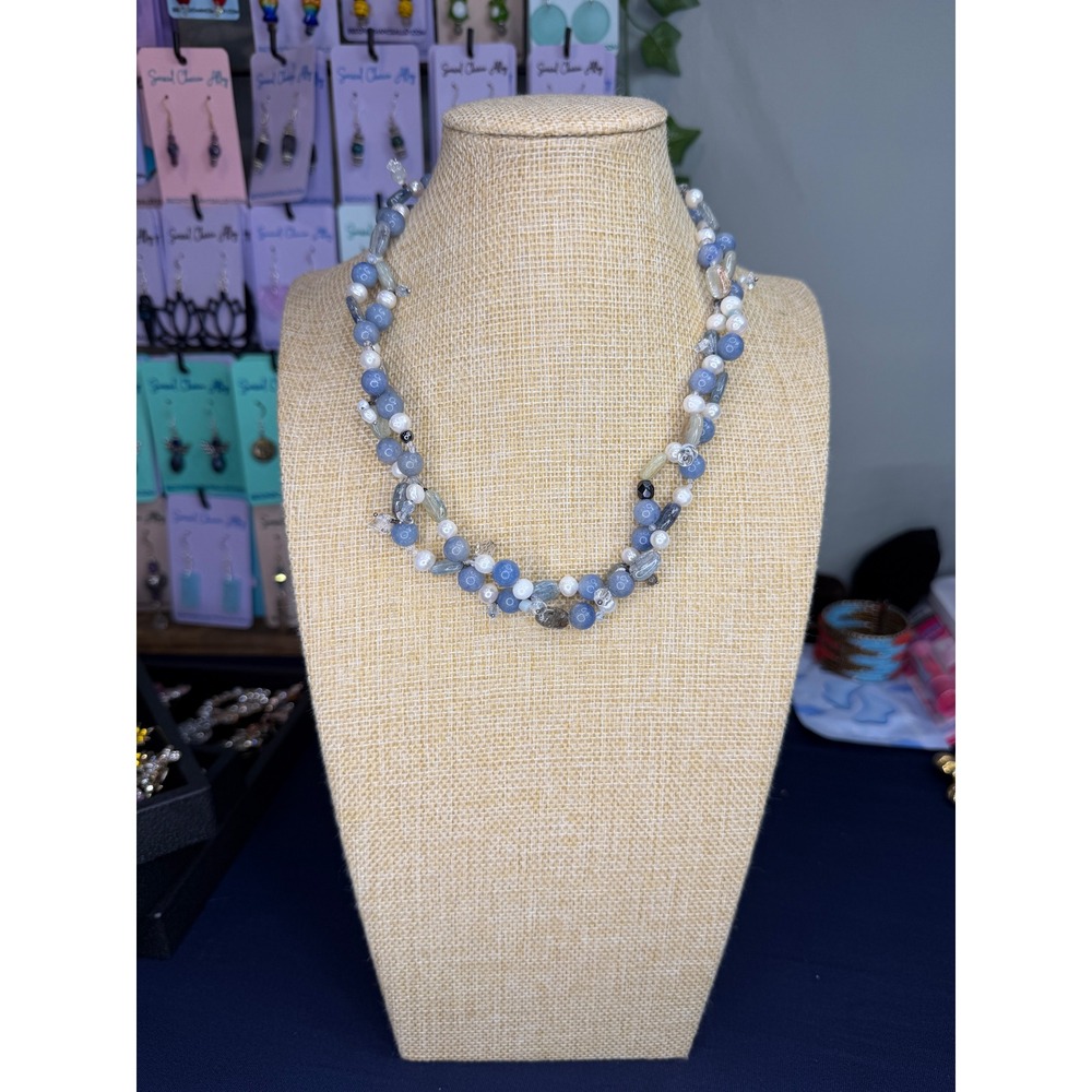 Handmade Blue Stone Pearl Crystal Multi Strand Beaded Necklace Toggle Clasp